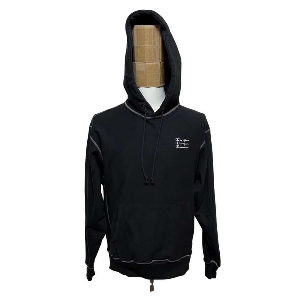 Champion Hoodie Mens Large Black Reverse Weave Pullover Sweatshirt Hip Hop Retro